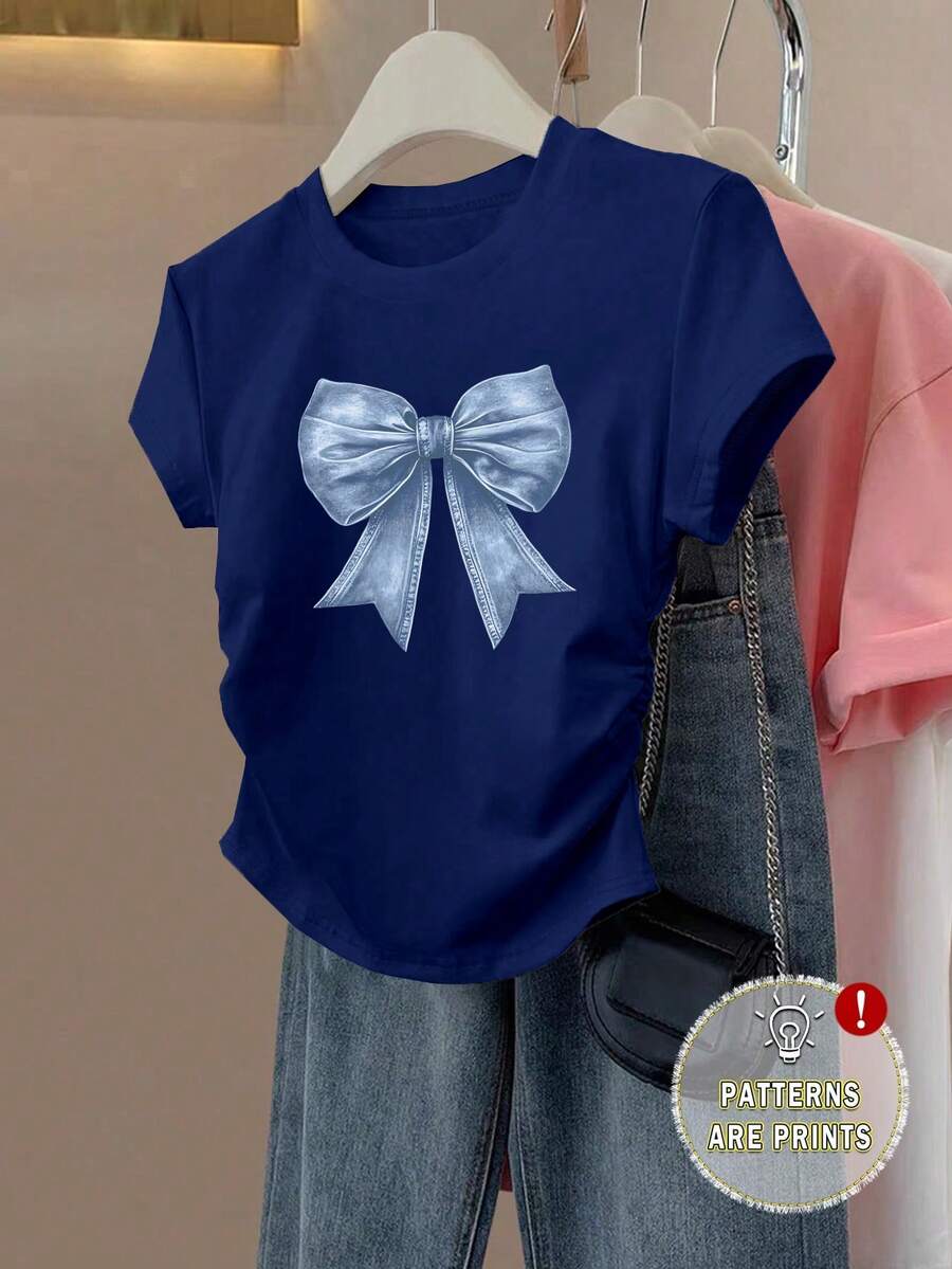 Sparklyn Teen Girls' Cute Bow Print Fitted Waist T-Shirt - Navy Blue - View 1