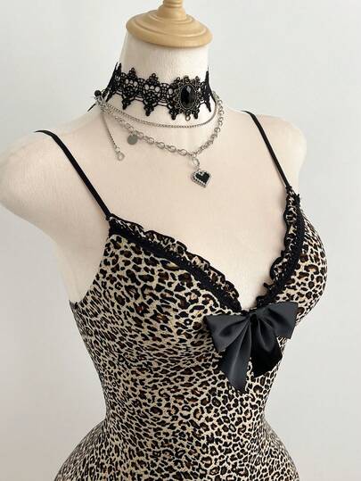 Elamini Leopard Print Color Block Bow Decor Ruffle Hem Patchwork Pleated Ruffle Trim Fitted Spaghetti Strap Backless Mini Dress, Women Spring/Summer Vintage Cute Romantic Sexy Holiday Date Night Clubwear Versatile