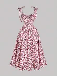 SHEIN MOD 女士印花吊带系带夏季连衣裙，印花长裙，春季连衣裙，度假连衣裙，假日连衣裙，乡村风服装，海滩度假装，波西米亚风女装，女士生日装，春夏连衣裙，早午餐装 - 酒紅色 - 查看 2