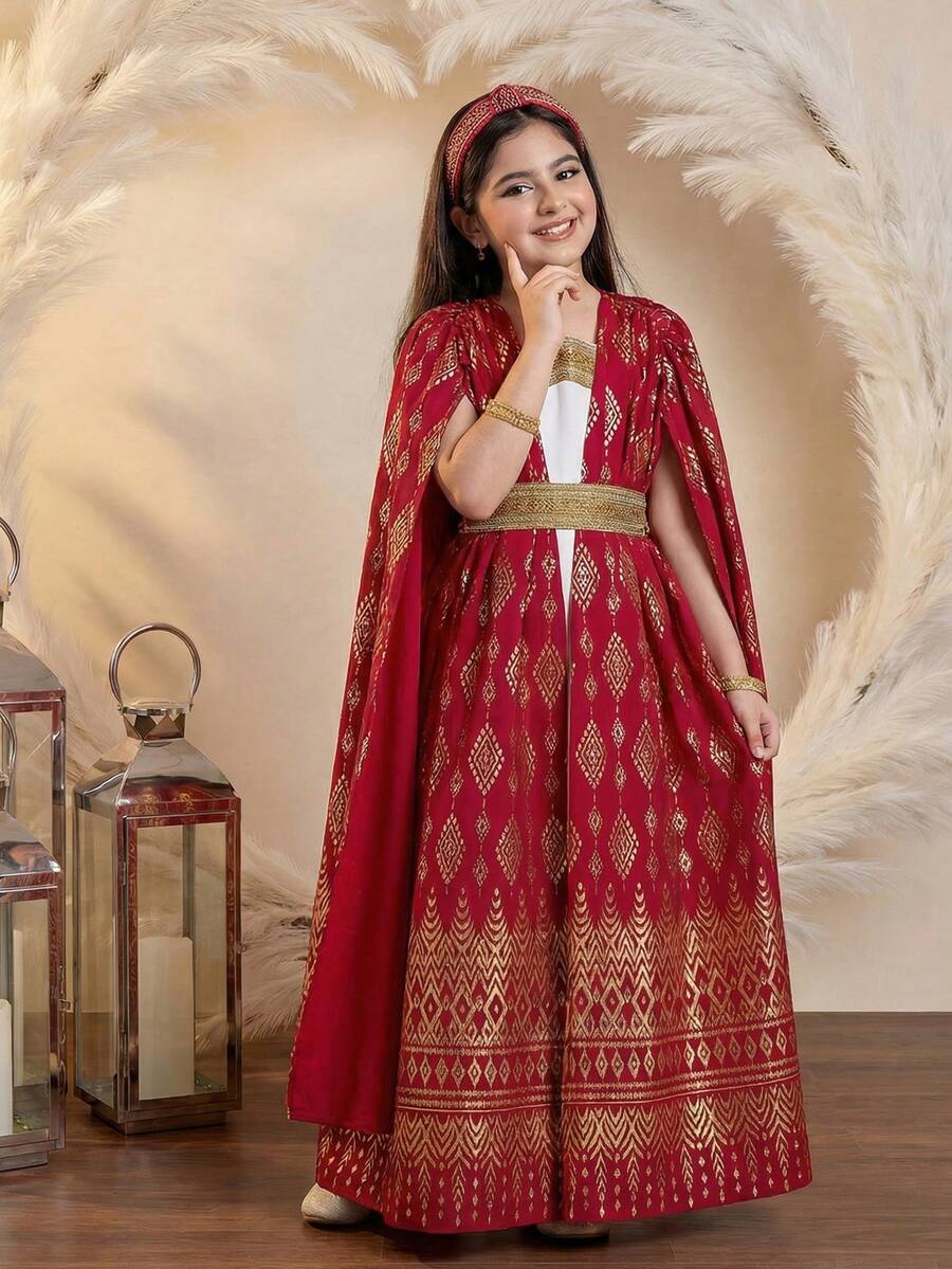 SHEIN Tween Girl Gold Foil Print Round Neck Dress - White - View 1