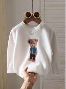 SHEIN Playful Pals Young Boy Fashionable Cute Crew Neck Long Sleeve Cartoon Bear Jacquard Regular Sweater, Suitable For Outings, Travel, Vacation, Home, Daycare, And Children's Play - White - View 1
