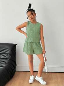SHEIN 2pcs/Set Tween Girl Casual Textured Fabric Bow Back Camisole Top And Shorts Set, Tween Girl - Green - View 5