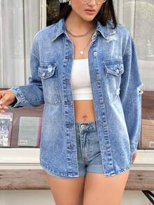 Rivivi 女士时尚休闲做旧水洗牛仔长袖外套 - 中等水洗藍 - 查看 4