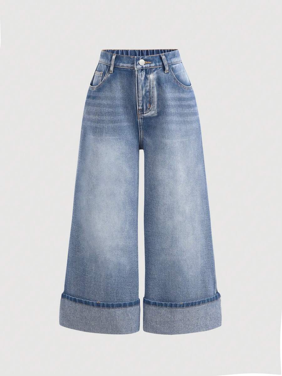 Girlism Jeans de mezclilla azul holgados y con puños para adolescentes - Lavado ligero - Ver 1