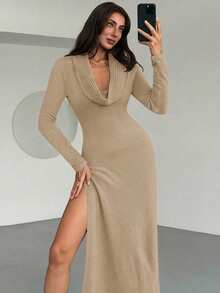 Aloruh 极简高领长袖修身高开衩针织连衣裙，秋冬季休闲叠穿之选 - 卡其色 - 查看 7