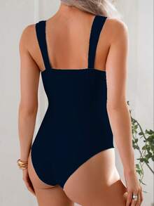 Swim Basics Springbreak 女士纯色褶皱肩带极简连体泳衣，节日波西米亚风 - 藏蓝色 - 查看 2