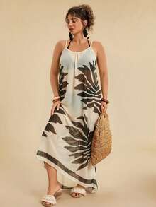 Travachic 大码休闲热带海滩度假宽松无袖复古印花长款罩衫（女款） - 杏色 - 查看 3