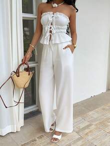Sunnyshic 2pcs/Set Women's White Linen-Like Bamboo Knot Fabric Front Tie Bow Waist Ruffle Hem Backless Crop Top And Low Waist Slit Pocket Straight Leg Wide Pants, Elegant Casual Vacation Beach Commute Outfit, Spring/Summer - White - View 6