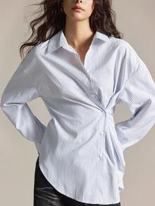 Easelle 女士蓝色条纹梭织宽松长袖休闲衬衫 - 淺藍色 - 查看 4