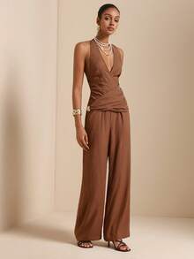 Lyxana Women's Halter Neck Metal Decor Long Jumpsuit - Mocha Brown - View 4