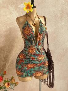 Soleia 女士复古扎染抽象印花深V领露背系带褶皱紧身迷你连衣裙，性感时尚夏季派对、约会、下午茶、海滩度假必备单品 - 彩色 - 查看 3