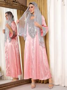 Al Najma 女士优雅亮片装饰土耳其长裙和阿拉伯传统长袍 - 杏色 - 查看 5