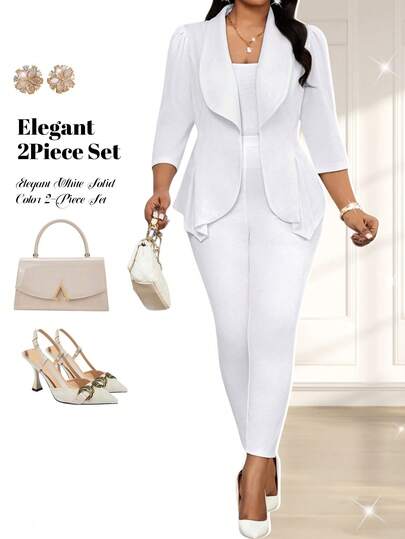 Fleurora Plusstorlek Enfärgad Asymmetrisk Kavaj & Byxor Elegant Kostymset