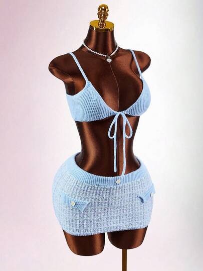 Amplova Y2K 2pcs Women's Summer Sexy Front Tie Spaghetti Strap Top And Short Sleeve Cardigan With Knit Mini Skirt Set 3 Piece Short Sets Woman Knit Two Piece Set Chill 3 Piece Set Mesh Two Piece Set Summer 3 Piece Set Vacation Outfits Women Y2K Valentine's Day Elegant