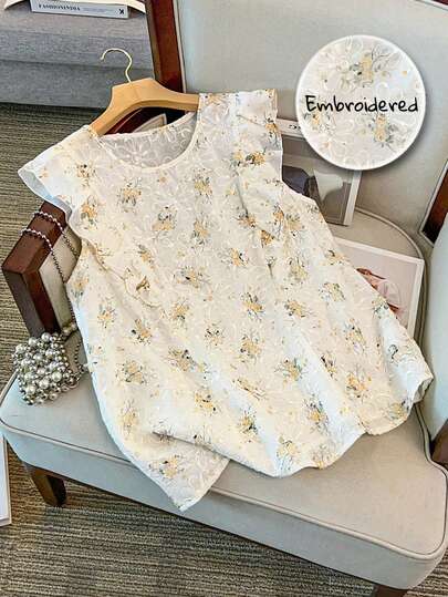GlowEve CURVE Plus Size Women's Embroidered Floral Light Yellow Ditsy Floral Puff Sleeve Loose Blouse Top With Ruffle Trim, Elegant Shoulder Embroidery Casual Shirt For Summer, Suitable For Back To School, Graduation, Valentine's Day, Music Festival, Mother's Day, Halloween, Thanksgiving, Easter, National Day, Prom, Date, Wedding, Outdoor Activities