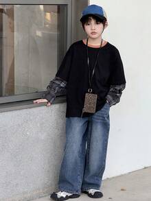 DAZY 青少年男童休闲格子拼接长袖T恤，秋季 - 黑色 - 查看 4