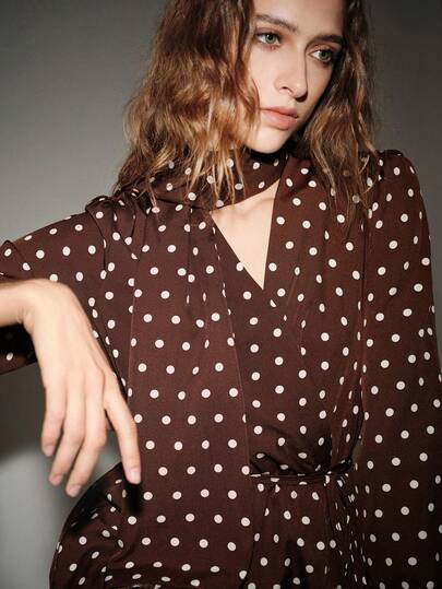 Lumivelle Valentine's Day Women's Elegant Polka Dot Short Sleeve Mini Dress, Suitable For Party And Casual Wear Brown Polka Dot Dress Chocolate Brown Dress Polkadot Dress Ribbon V-Neck Dress