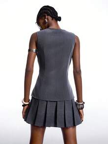 LYSMO Women's Plain Front Button Sleeveless Top And Skirt Suit Set In Fall/Winter - Grey - View 2