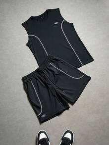 Aesthetic Post Men's Casual Daily Commute Fashion Street Letter Print Contrast Stitch Tank Top And Drawstring Waist Shorts Set, Summer - Black - View 5