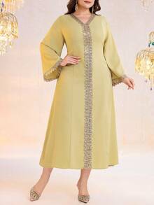 Al Najma Plus Size Women Elegant Party Ribbon Decor Arabic Style Dress - Lime Green - View 5