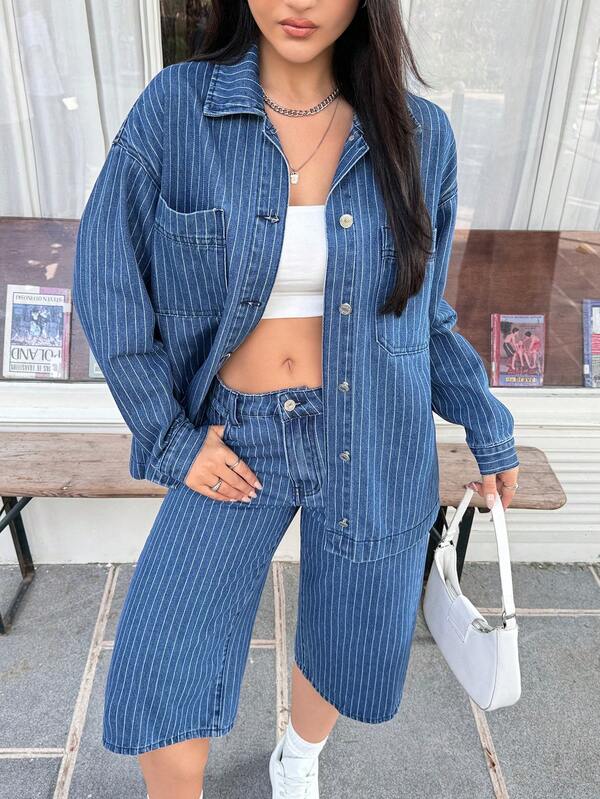 SHEIN EZwear 女士时尚条纹长袖水洗牛仔衬衫
