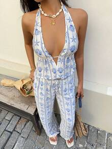 Sunnyshic Bộ đồ 2 mảnh gồm áo crop top cổ chữ V khoét sâu và quần ống rộng cạp cao họa tiết sao biển xanh và vỏ sò, thích hợp cho nữ mùa xuân/hè, đi nghỉ mát, dự tiệc, phong cách vintage tối giản, đa năng. - Màu xanh lam - Xem 6