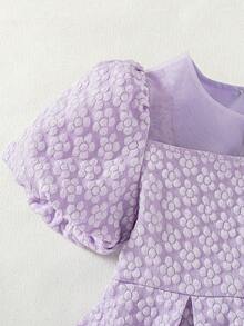 1pc Chiffon Floral Decor Elastic Waist Casual Elegant Princess Party Dress, Summer Lilac Young Girls Lavender For Puffy Sleeve Purple - Pink - View 8