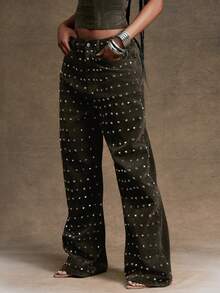 天鹅绒铆钉牛仔裤 个性牛仔裤 时尚街头服饰 演唱会宽松牛仔裤 - 軍綠色 - 查看 5