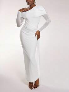 Normani Vestido Formal Elegante de Cor Sólida Feminino, Design Assimétrico de Ombro, Vestido Justo de Manga Longa com Malha Franzida e Envolvente - Branco - Visão 3