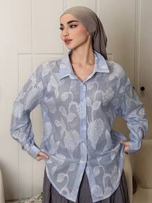 DAZY Loose Fit Striped Color Block Textured Floral Pleated Long Sleeve Casual Business Shirt For Women, Suitable For Autumn & Spring - Blue - View 8