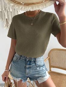 SHEIN Essnce 女士休闲日常通勤简约纯色华夫格短袖T恤，夏季 - 軍綠色 - 查看 6