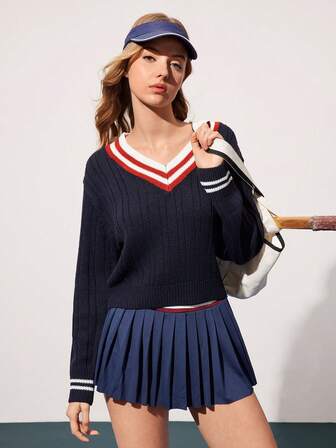 CourtClass Maglione casual a maglia con scollo a V e colore a contrasto per donna