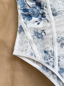 Soleia Leopard Print Bustier Lace Trim Bodysuit, Sexy Backless Spaghetti Strap Slim Fit Bodysuit For Holiday, Party, Date, Valentine's Day, Afternoon Tea - Blue and White - View 7