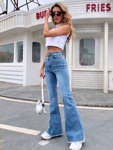 EMERY ROSE Quần jeans ống loe trơn màu, gấu quần rách, túi xéo, kiểu dáng thường ngày. - Rửa nhẹ - Xem 4
