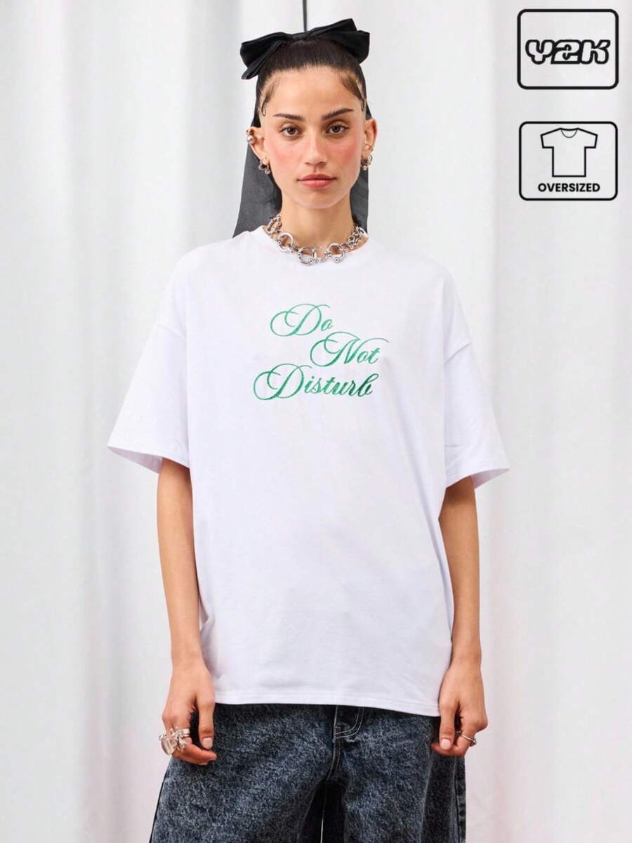 COUREZ 请勿打扰标语超大短袖T恤 /Y2K 秋季女装 秋季服装 可爱上衣 印花T恤 - 白色 - 查看 1