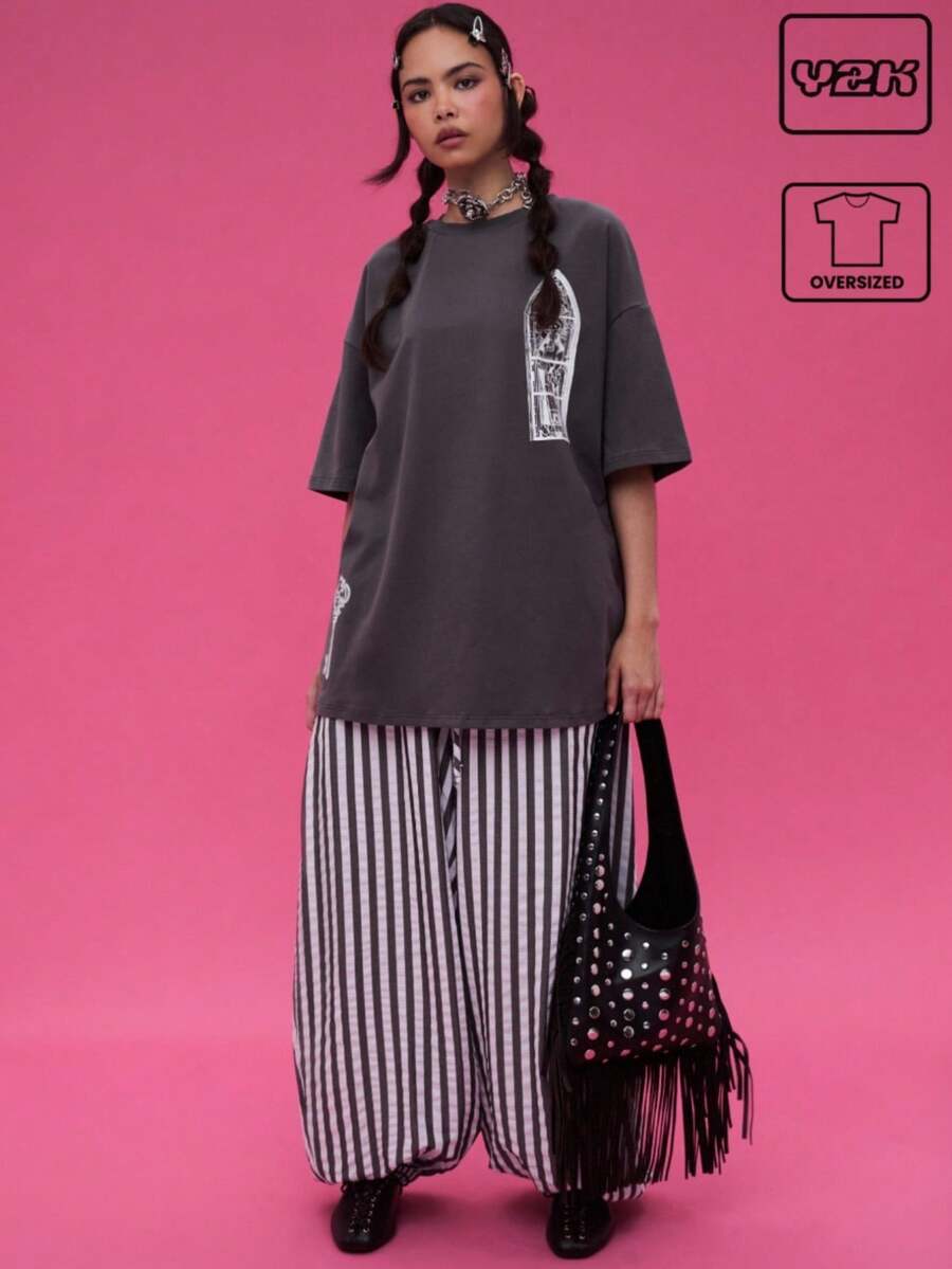 COUREZ Áo thun ngắn tay dáng rộng in họa tiết / Phong cách Y2K mùa thu dành cho nữ, Áo mùa thu, Áo kiểu dễ thương, Áo thun in hình, Áo đi chơi, Áo mùa đông - Xám - Xem 1