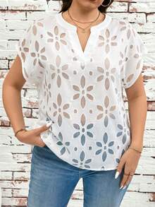 SHEIN Clasi 大码V领透视纯色优雅短袖衬衫 - 白色 - 查看 6