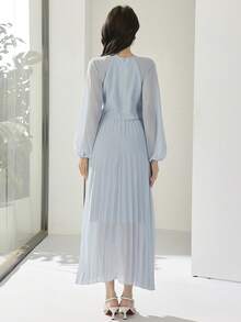 Heiryn Đầm midi xếp ly thanh lịch, thời trang dành cho nữ, viền bèo nhún. - Màu xanh lam - Xem 5