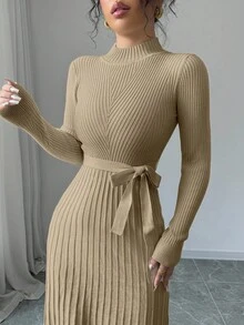 Selianne 女士优雅纯色罗纹针织连衣裙，秋季 - 卡其色 - 查看 6