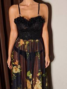 Slumberist 女士成熟性感花卉印花修身网纱拼接吊带睡裙 - 黑色 - 查看 5