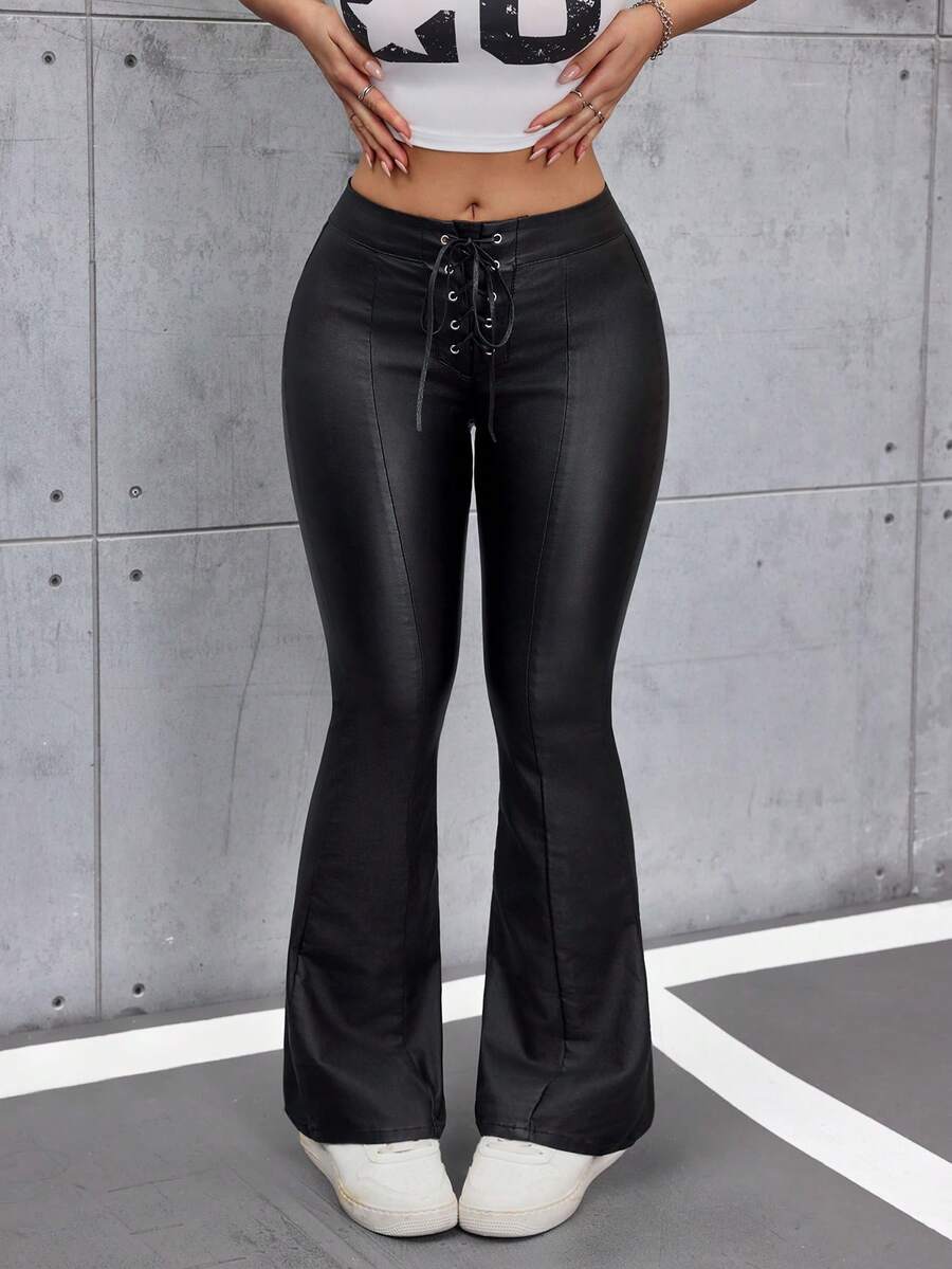 Flexra 女款 Y2K 风格系带弹力修身涂层黑色长裤 - 黑色 - 查看 1