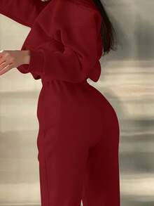 BamGleam 巴黎简约数码印花正面休闲舒适百搭女士羊毛运动衫和裤子套装 - 酒紅色 - 查看 4