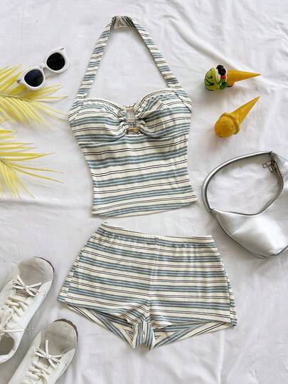 Soleia Women's Casual Striped Halter Top And Shorts 2 Pieces Set, Summer, Date, Beach, Cruise, Carnival, Easter, Summer Sets, Summer Holiday Outfits , Beach Vacation Outfits For Women, Casual Outfit For Women
