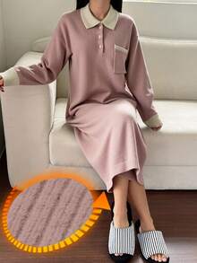 DAZY Rochie lungă, lejeră, tricotată, minimalistă, în culori contrastante, pentru femei, lejeră, lejeră, pentru casă, de iarnă - Roz - Vizualizare 3