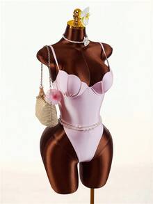 Amplova 1pc Women's Seashell Shaped Cup One-Piece Swimsuit, Satin Shiny Adjustable Strap Backless Sexy Swimwear Vacation Outfit Vacation Outfits Women Holiday Outfits For Women Elegant Women's Beach Swimsuit - Mocha Brown - View 10