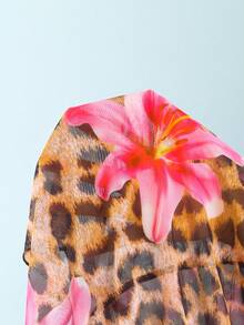 SHEIN Tween Girl Floral & Leopard Print Spaghetti Strap Tankini Bikini Set Set With Skirt