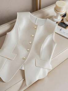 Franclia 女士时尚休闲无袖单排扣腰部修身仿口袋衬衫 - 白色 - 查看 1