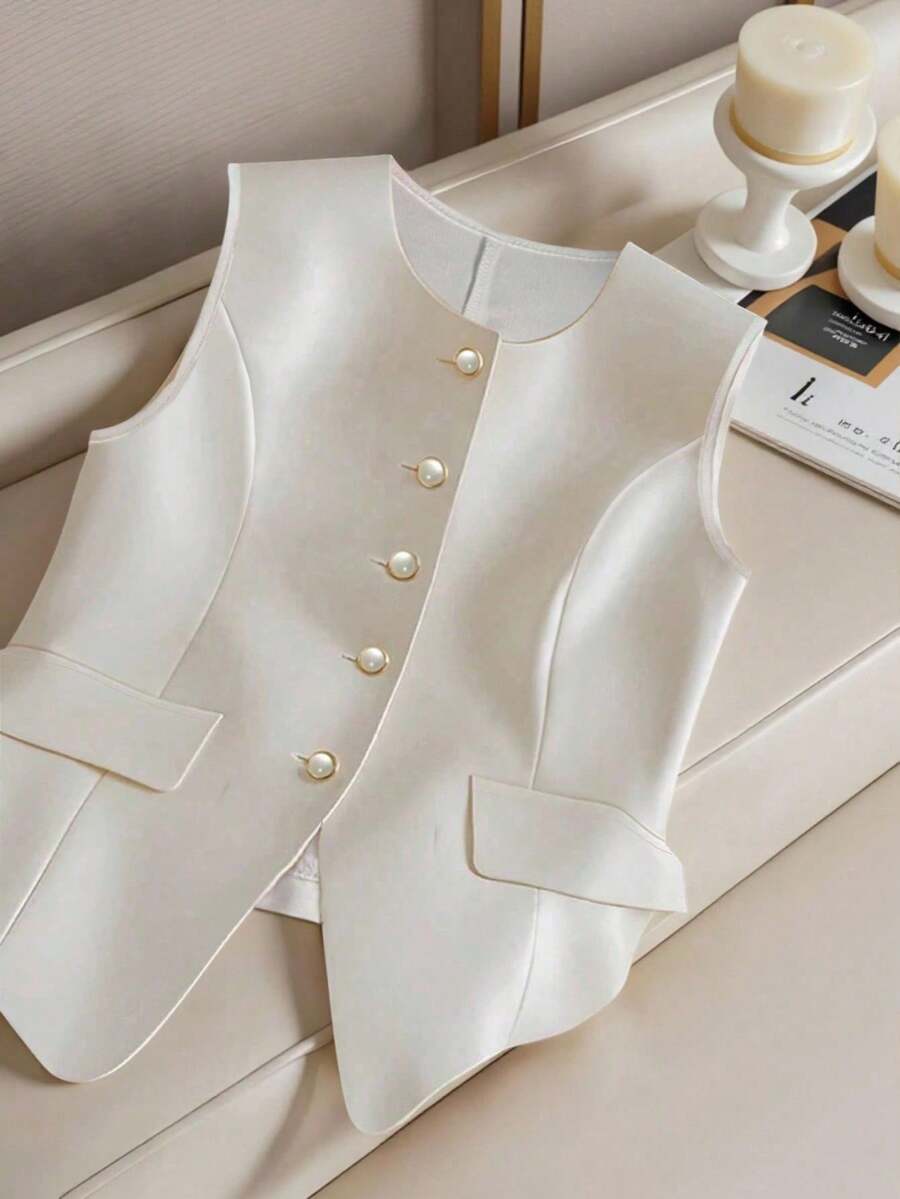 Franclia 女士时尚休闲无袖单排扣腰部修身仿口袋衬衫 - 白色 - 查看 1