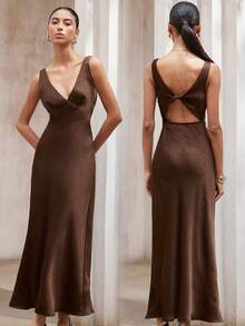 Aveloria Modichic Textured Satin Fabric, Elegant V-Neck Twist Back Sleeveless Fitted Dress, Versatile - Coffee Brown - View 1