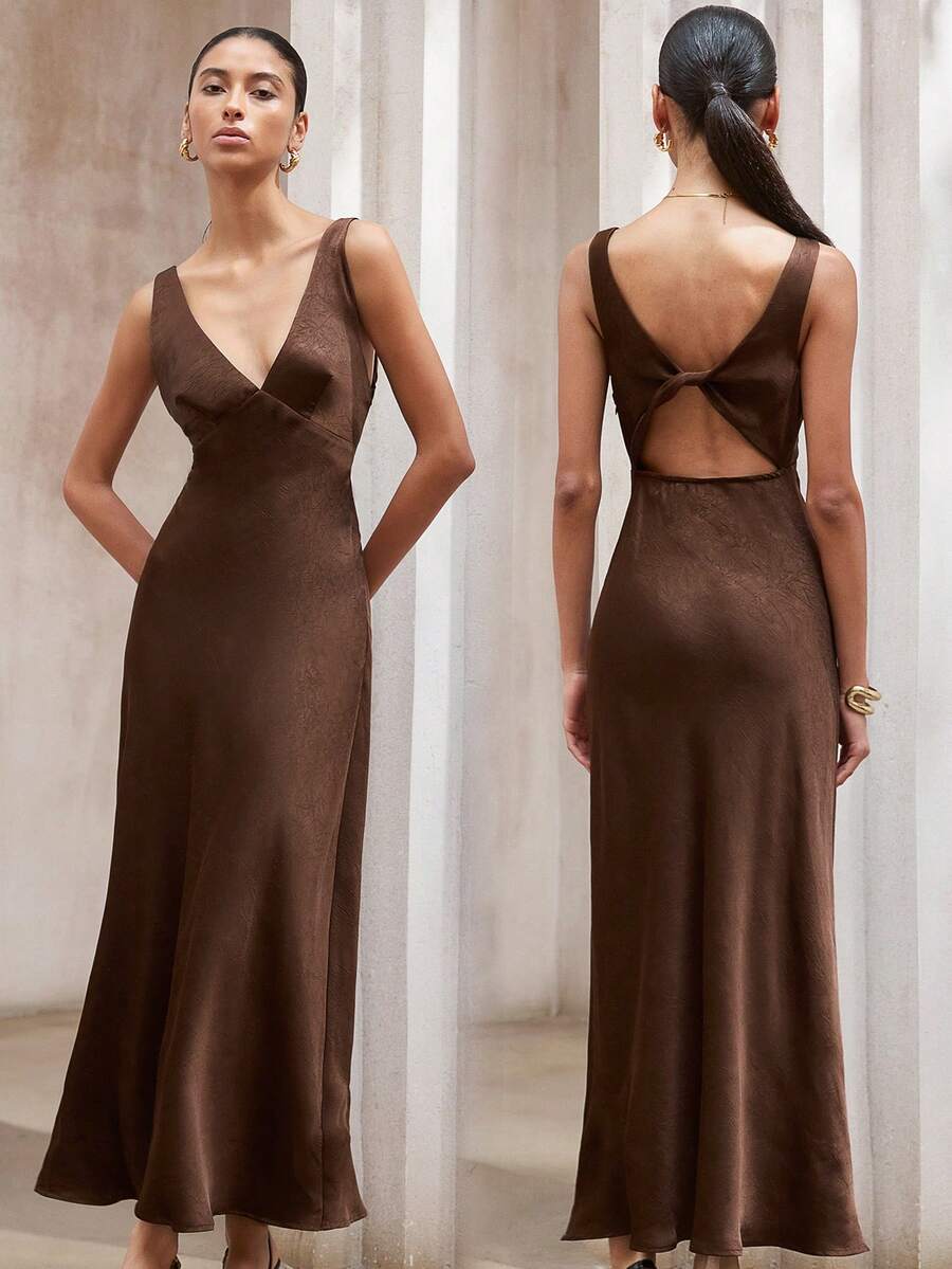 Aveloria Modichic Textured Satin Fabric, Elegant V-Neck Twist Back Sleeveless Fitted Dress, Versatile - Coffee Brown - View 1